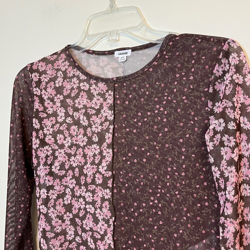 Garage Mesh Shirt Cropped Long Sleeve Pink Brown Mixed Ditsy Floral Layering Med